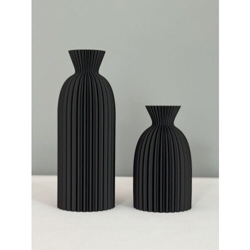 Matte Black Ribbed Vase Set 2 Sizes 2
