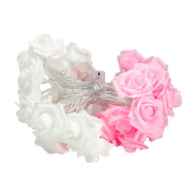 Cordão de luzes LED em formato de rosa, 6m, 40 LEDs brancos e rosas, alimentado por USB.