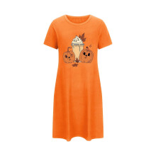 Damen-Nachthemd mit Kürbisprint, Halloween-Motiv, Übergröße, Rundhalsausschnitt, Kurzarm, bequem, Größen 3XL-5XL, Orange