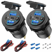 Priză USB de 12V, pachet de 2, încărcător auto cu 4 porturi (78W, dual PD3.0 și QC3.0), priză impermeabilă de 12V compatibilă cu vehicule