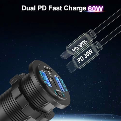 2 θύρες υποδοχής USB 12V, φορτιστής αυτοκινήτου 4 θυρών (78W, διπλός PD3.0 και QC3.0), 2