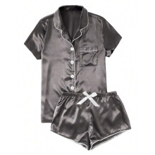 Ensemble de nuit femme, col V, haut à manches courtes boutonné en satin, short à cordon, coloris uni, tailles XS à 3XL
