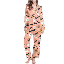 Damespyjamaset met Halloween-spookprint 2025: lange mouwen, kraag, elastische taille en comfortabele loungewear, maat S-2XL, oranje.
