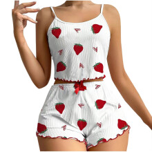 Mouwloze geribbelde pyjamaset voor dames met shorts met strik- en aardbeienprint - Comfortabele loungewear voor thuis en buitenshuis, verkrijgbaar in