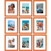 8x10 Picture Frames Set of 9, Shatter-Resistant Plexiglass, Compatible with 5x7 (w/ mat) or 8x10 (no mat), Engineered Wood, Orange