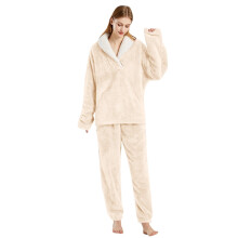 Damen-Pyjama-Set, einfarbig, Übergröße, locker geschnitten, langärmelig, Flanell, bequemes Nachtwäsche-Set, Beige, Größe S