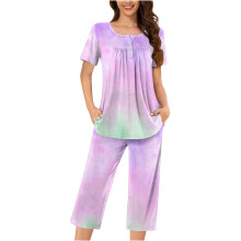 Ensemble de pyjama décontracté pour femme, haut imprimé à boutons, pantalon Capri avec poches latérales, pyjama extensible, vêtements