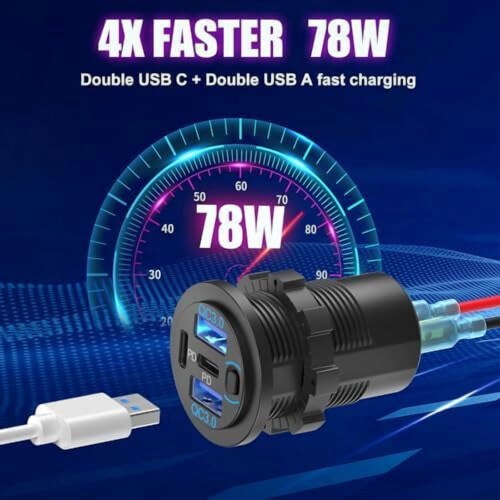 2 θύρες υποδοχής USB 12V, φορτιστής αυτοκινήτου 4 θυρών (78W, διπλός PD3.0 και QC3.0), 1