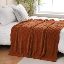 Plaid en polaire orange brûlé 152 x 203 cm, flanelle en microfibre ultra douce avec motif à carreaux 3D, léger – compatible avec le canapé.