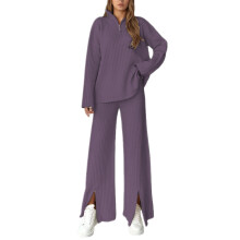 Completo da casa a 2 pezzi per donna: top casual a maniche lunghe in maglia a coste con collo alto e cerniera, pantaloni a gamba larga. Completo da