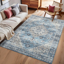5x7 Vintage Distressed Floral Area Rug Boho Farmhouse Non-Slip Low Pile for Living Room Bedroom Dining Room Blue