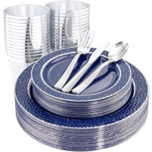 150 PCS Blue and Silver Plastic Plates - Blue Disposable Plate include 50 Plates, 25 Knives, 25 Forks, 25 Spoons, 25 Cups for Weddings & Party