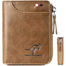 Portafoglio con cerniera ZCMen con protezione RFID – Porta carte di credito e documenti in pelle, impermeabile, marrone retrò (compatibile con