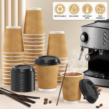 Paquete de 90 vasos desechables de café de 237 ml (8 oz) con tapas y pajitas, vasos aislantes de cartón kraft con paredes onduladas para bebidas