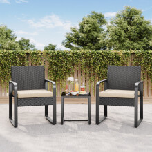3-teiliges Gartenmöbelset, Outdoor-Rattanstuhl mit Glastisch, für Pool, Balkon, Beige