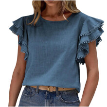 Blusas femininas de verão, elegantes e casuais, com decote em V e babados, manga curta e modelagem fluida. Blusas charmosas e blusas para o trabalho.