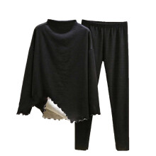 Dame Termopyjamassæt med høj hals, nattøj i fleece, loungetøj, langærmet, flæsekant, 2-delt outfit, L-2XL, sort
