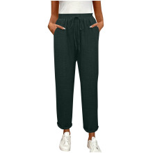 Damesbroek met rechte pijpen, effen kleur, elastische tailleband met trekkoord, zakken, slim fit, voorgekrompen en gewassen kreukelstof, maten S-2XL