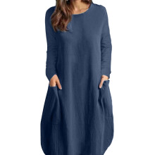 Jurken voor dames, casual, winter en herfst, plus size, lange mouwen, neutrale kleur, knielengte, boothals, effen kleur, zakken, modieuze jurk
