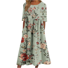 Damesjurk met bloemenprint, korte mouwen, ronde hals, gesmokte taille, gelaagde ruches, midi-jurk met zakken, zomerse boho vintage theejurk