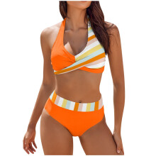 Bikinisetit naisille, korkeavyötäröiset uimapuvut naisille, retrokuvioinen uimapukusetti, uimapuku, rantahame, jaettu uimapukusetti, oranssi L