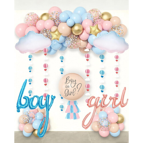 Conjunto de decoração para chá revelação em tons de rosa pastel e azul 1