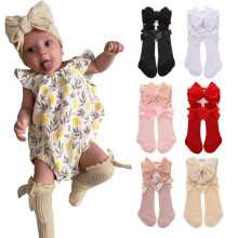 Baby Girls Knee High Socks with Bow Headband Cotton Socks Tube Ruffled Stockings Newborn Infant Toddler 0-3Years