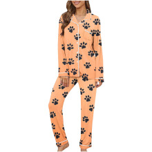 Pyjamaset met hondenpootafdruk voor dames, 2025, lange mouwen, zachte pyjamaset, winterse 2-delige nachtkleding
