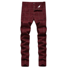 Men's 2025 Casual Plaid Pants Stretch Suit Pants Slim Striped Trousers Burgundy