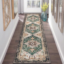 Washable 2x8 Boho Runner Rug with Rubber Backing, Stain-Resistant Faux Wool, Non-Slip for Kitchen/Entrance – Turquoise