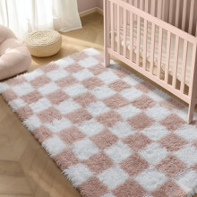 Pink & White Checkered Shag Rug 4x6 – Soft, Washable, Fluffy Indoor Rug for Living Room, Bedroom, Dorm – Compatible with Home Aesthetic Decor
