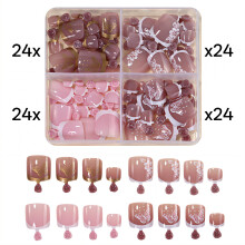 Lot de 96 faux ongles d'orteils à coller, style français, sans peluches, motifs courts peints à la main, à offrir en cadeau (Style 2).
