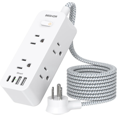 Πολύπριζο 6 πριζών με 4 θύρες USB, καλώδιο 5 ποδιών, επέκταση 3 πλευρών, τοποθέτηση σε