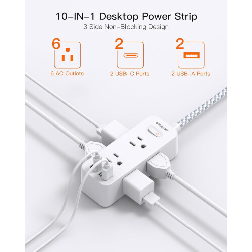 Πολύπριζο 6 πριζών με 4 θύρες USB, καλώδιο 5 ποδιών, επέκταση 3 πλευρών, τοποθέτηση σε 1