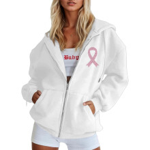 Ladies Breast Cancer Zip Hoodie Women's Full Zip Up Hoodies Pink Ribbon Print Long Sleeve Hooded Sweatshirts Jackets