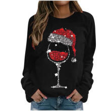 Pulover de Crăciun pentru femei cu grafică de Moș Crăciun și pahar de vin roșu