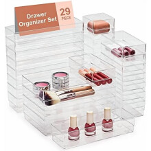 Ensemble de 29 organisateurs de tiroir transparents avec coussinets antidérapants en silicone, 4 tailles pour maquillage, bijoux, ustensiles –