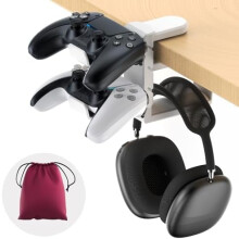 Suporte giratório 3 em 1 para fones de ouvido com suporte removível para controle, suporte de fixação ajustável e gancho para mesa com clipe