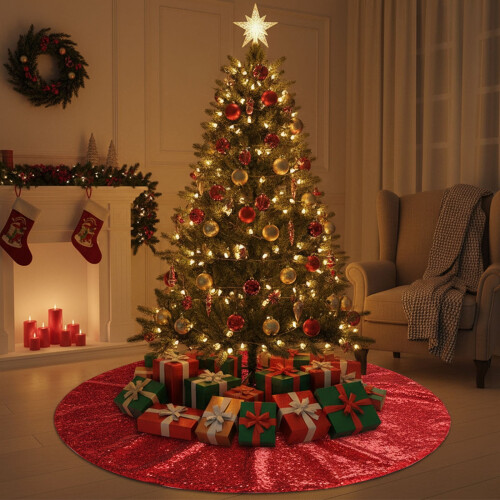 Sequins Christmas Tree Skirt 48x48 in Red 2