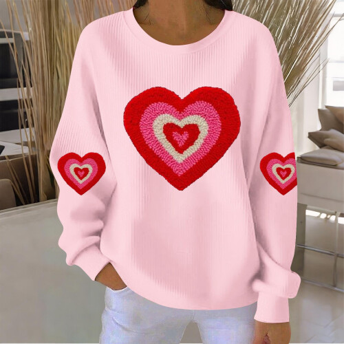 Felpa da donna a coste con scollo rotondo e cuore per San Valentino, lunga 1