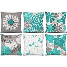 Lot de 6 housses de coussin en coton et lin à motif marguerite, 45,7 x 45,7 cm