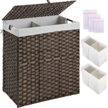 Opvouwbare rieten wasmand van 110 liter met deksel en 2 binnenvoeringen.