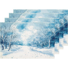 Set van 4 placemats met wintermotief in aquarel, 30 x 45 cm.