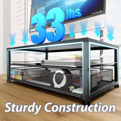 Monitor Stand with Drawer and Pen Holders Black 2-Tier 2