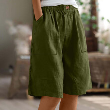 Calças culote femininas de verão com bolsos, modelagem solta, pernas retas, comprimento até o joelho, tecido pré-encolhido com toque de algodão