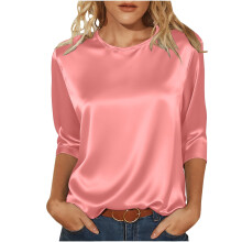 Top de satén para mujer – Cuello redondo, mangas tres cuartos, color liso, cómodo, informal, corte favorecedor, ideal para conjuntos de
