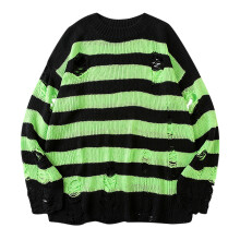 Womens Punk Gothic Sweater Loose Oversized Striped Ripped Pullover Knit Sweaters