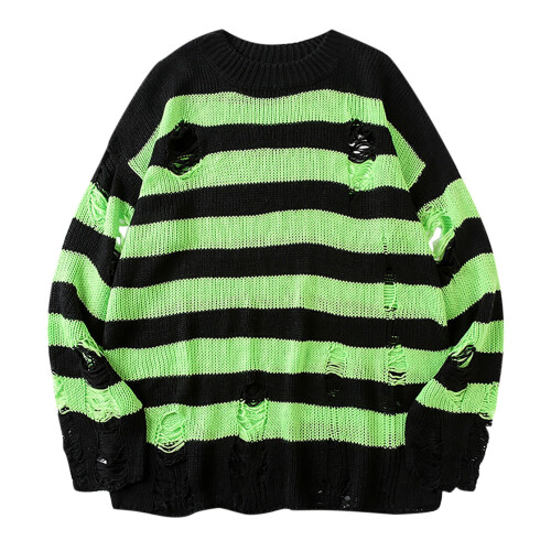 Womens Punk Gothic Sweater Loose Oversized Striped Ripped Pullover Knit Sweaters
