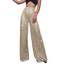Pantaloni a gamba larga da donna, pantaloni estivi a vita alta da donna, pantaloni ampi e drappeggiati con paillettes da donna, casual, beige