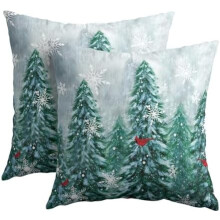 Kissenbezüge „Winterwald“, 45 x 45 cm, 2er-Set, grüne Bäume und Vögel, Baumwoll-Leinen-Mischung, passend für Standard-Quadratkissen